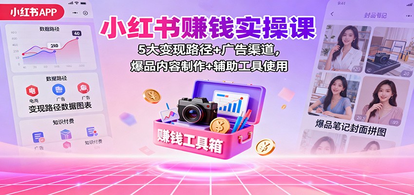 小红书赚钱实操课：5大变现路径+广告渠道，爆品内容制作+辅助工具使用-佳文