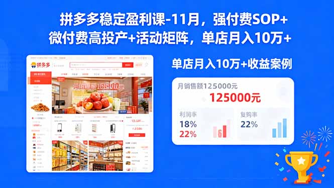 拼多多稳定盈利课-11月,强付费SOP+微付费高投产+活动矩阵,单店月入10万+-佳文
